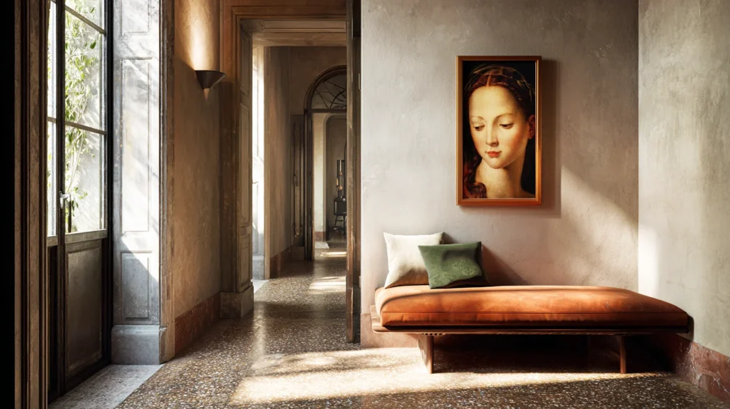 Refined Milan residence entrance with terrazzo floors, artful portrait, and warm contemporary bench seating.