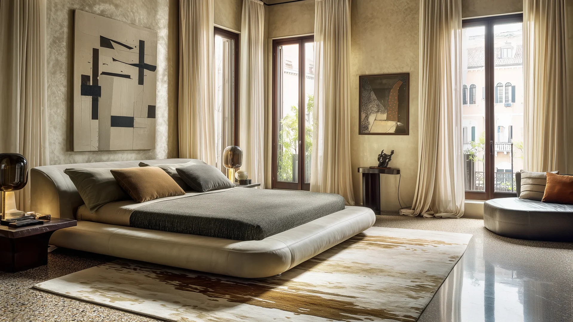 Master bedroom in Milan penthouse with modern Italian furnishings, layered textures, and soft natural light.