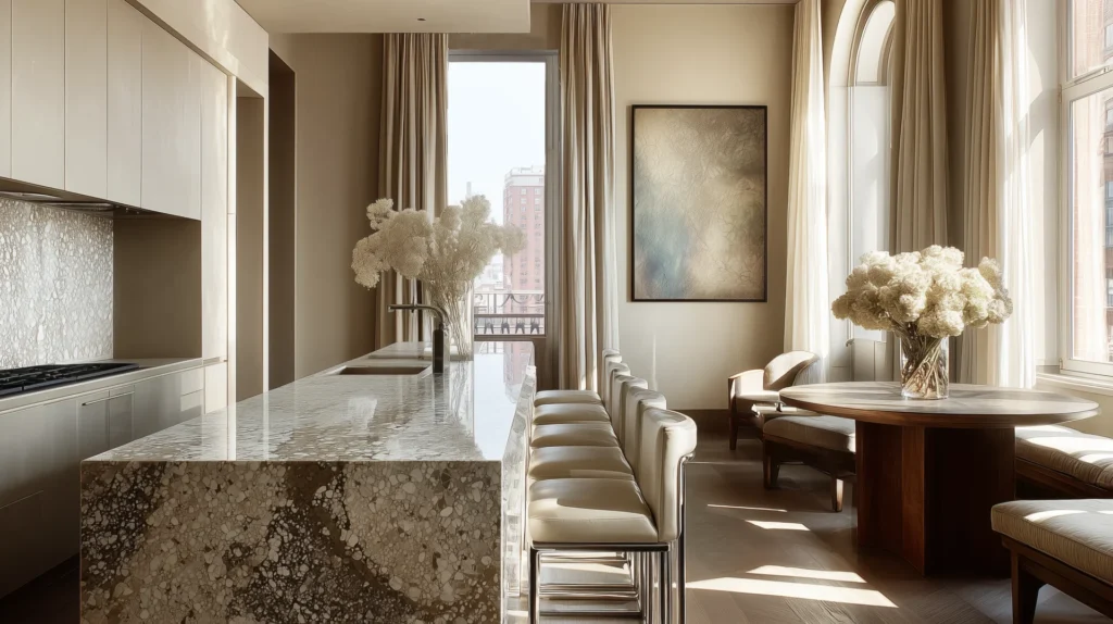 Elegant Milanese kitchen with sculptural marble island, high chairs, and refined floral styling in neutral tones.