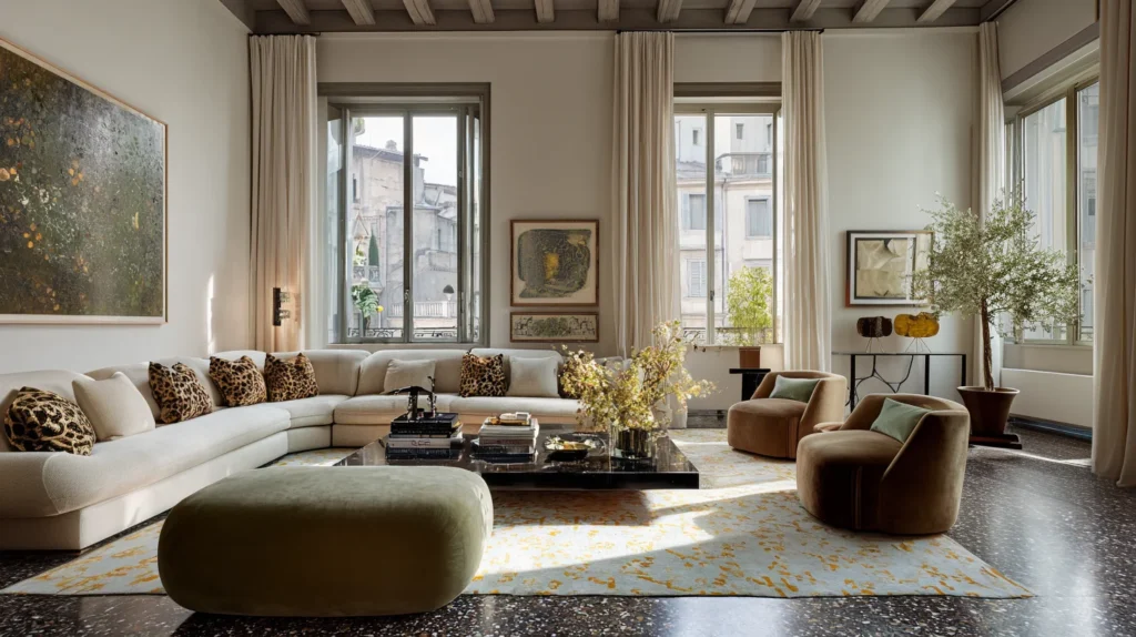Spacious Milan living room with curated art, terrazzo flooring, sculptural furniture, and natural light from tall windows.