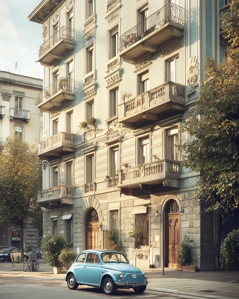 “Historic Milanese building facade with ornate balconies and a vintage blue Fiat 500 parked in front, captured in warm afternoon light.