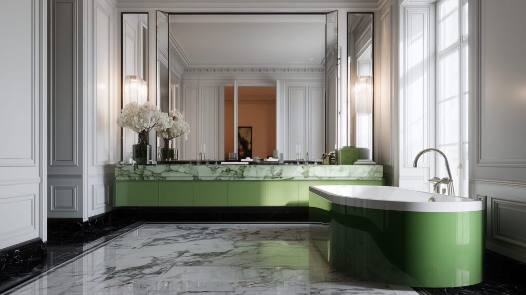 Luxury bathroom with green marble vanity, freestanding green bathtub, black and white marble flooring, and elegant wall paneling.
