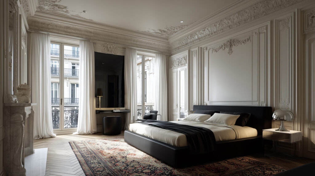 Parisian master bedroom with French windows and modern black bed