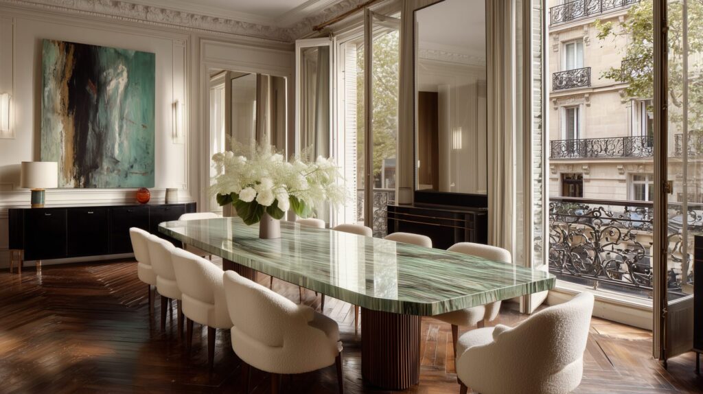 Luxury dining room featuring a long green marble table with upholstered cream chairs, by Acquabella Studio.