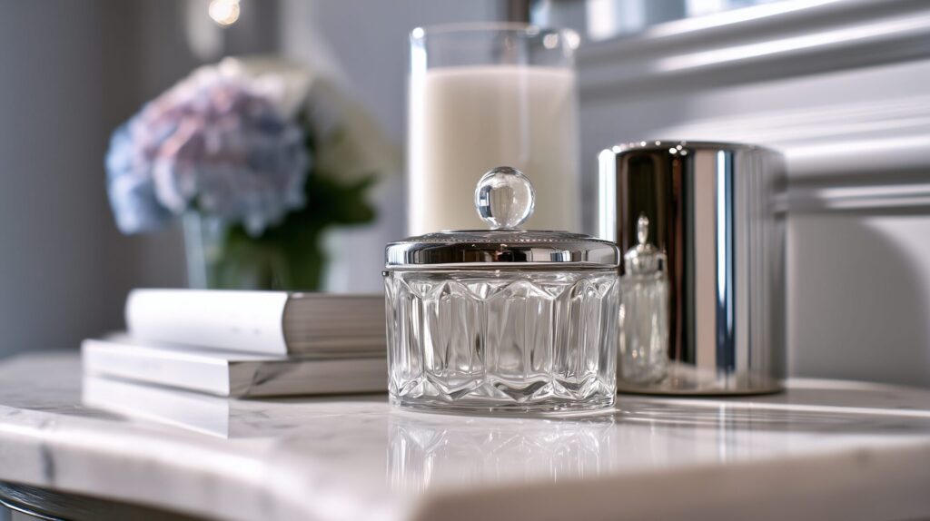 Interior design detail of a crystal jar and white candle styled on a marble surface, by Acquabella Studio.