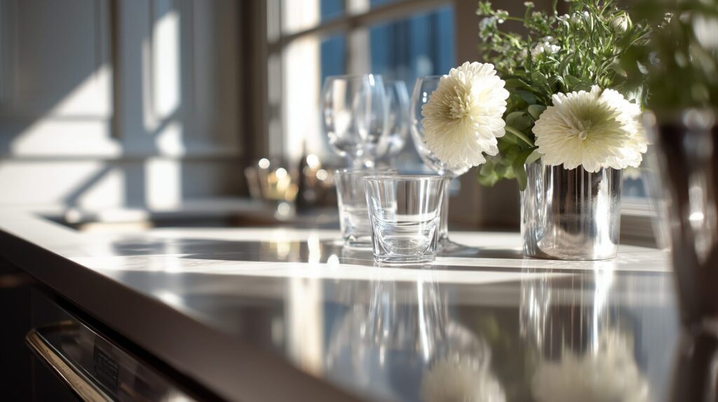 Interior design detail of glassware and white flowers on a reflective dining table surface, by Acquabella Studio.