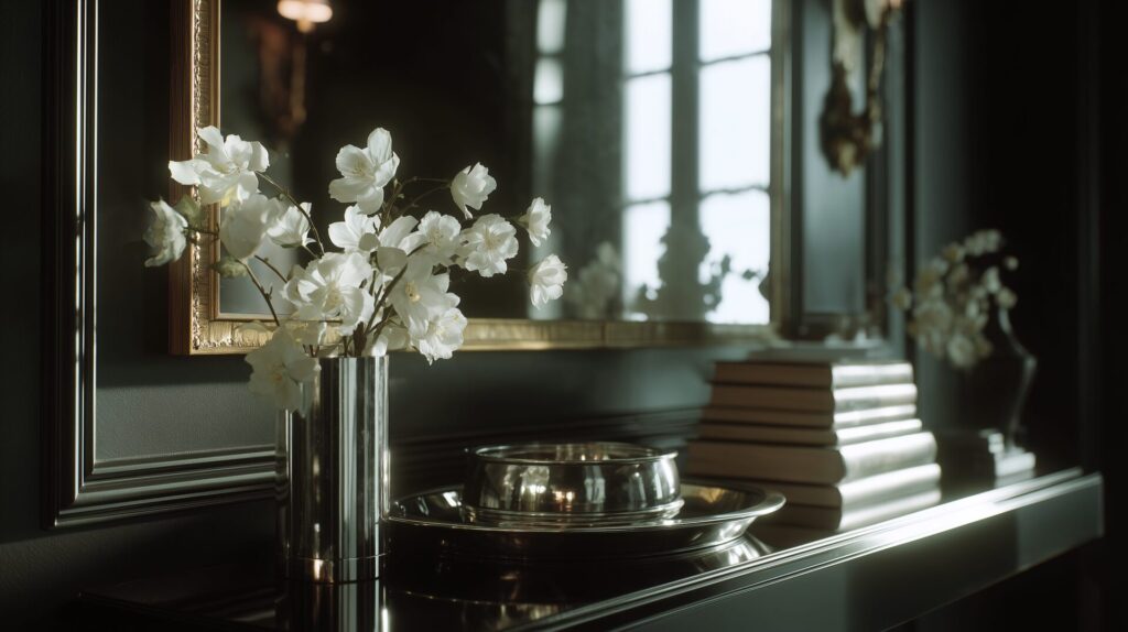 Interior design detail of white orchids and glass decor on a reflective console table in a luxury Parisian residence, by Acquabella Studio.