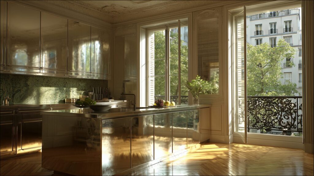 Luxury kitchen with mirrored island and tall windows opening to natural light and greenery, by Acquabella Studio.