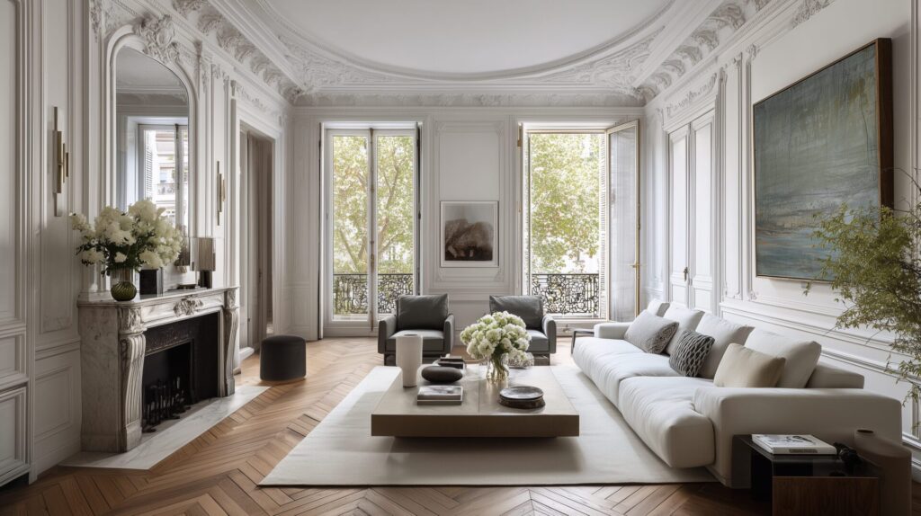 Luxury living room with classic mouldings, large windows, and a central coffee table decorated with flowers, by Acquabella Studio.