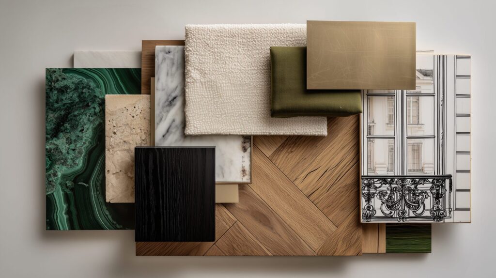 Interior design material board featuring wood, marble, and upholstery fabric samples, by Acquabella Studio.
