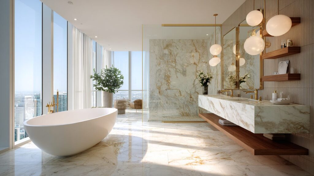Spa-inspired bathroom with freestanding tub, marble finishes, and soft natural light, by Acquabella Studio.