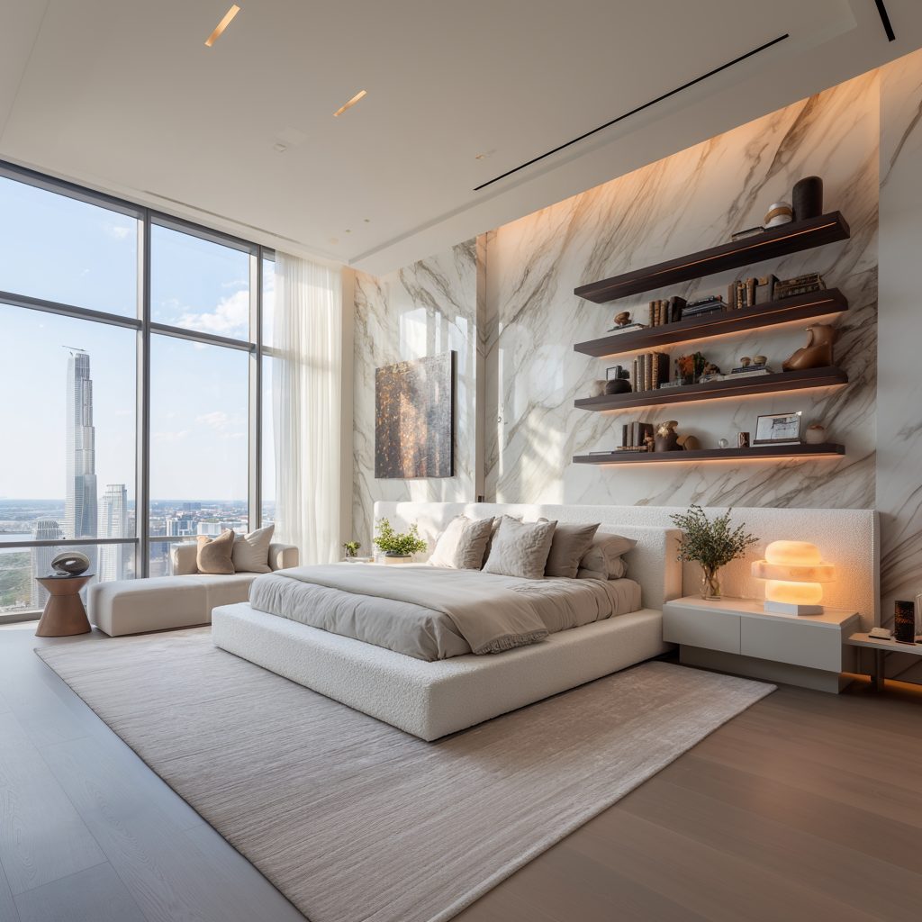 Contemporary bedroom with marble feature wall, floating shelves, and panoramic city view, by Acquabella Studio.