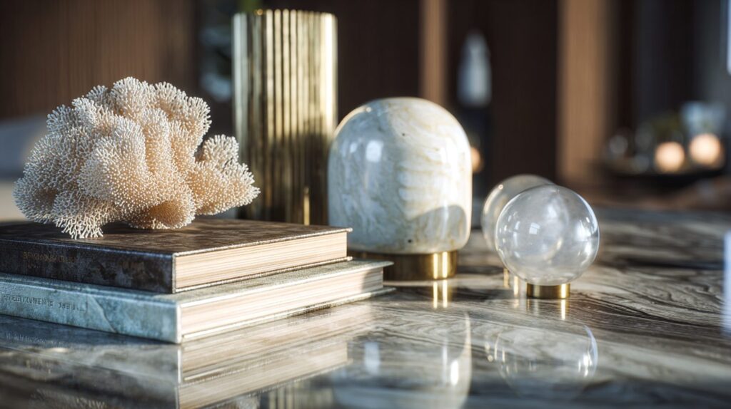 Detail of decorative objects and crystal spheres styled on a reflective coffee table, by Acquabella Studio.