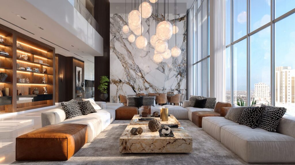 Luxury double-height living room in Singapore with marble feature wall, sculptural pendant lights, and neutral sofas, by Acquabella Studio.