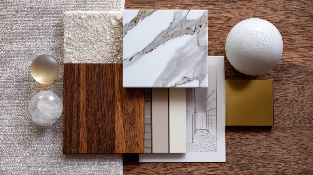 Interior design material board with marble, wood, textiles, and neutral finishes, by Acquabella Studio.